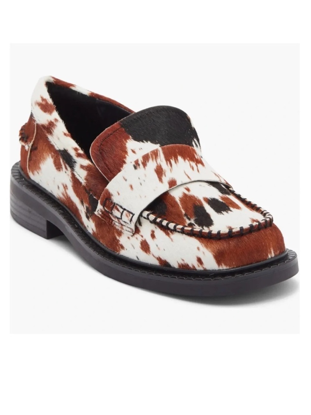 NEW Steve Madden Cowhide Leather Loafer, Black Brown White Cow Print, Size 6.5